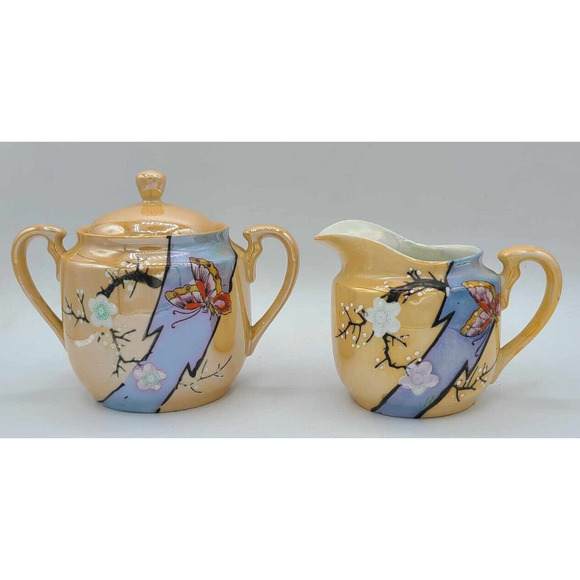 Vtg Hand Painted Japanese Lusterware Set. 3 plates 7 1/4", Sugar Bowl & Creamer - Picture 4 of 14